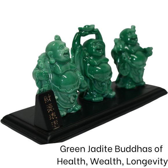 2.5"- 3" H Green Jadite Buddhas of Health, Wealth, Longevity Base 6.5" x 2.5" - Picture 4 of 6